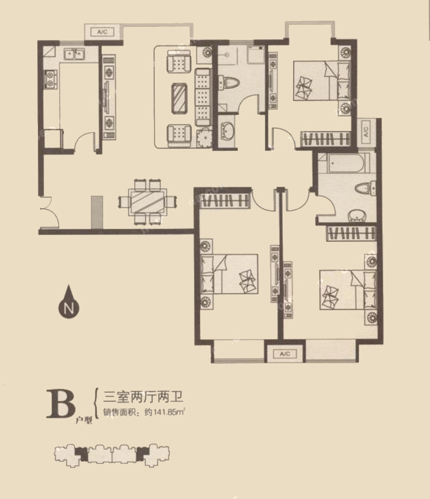 B戶型 三室兩廳兩衛(wèi) 141.85㎡